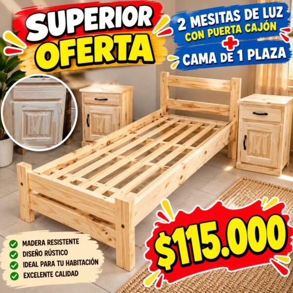 Cama de 1 plaza con 2 mesitas de luz