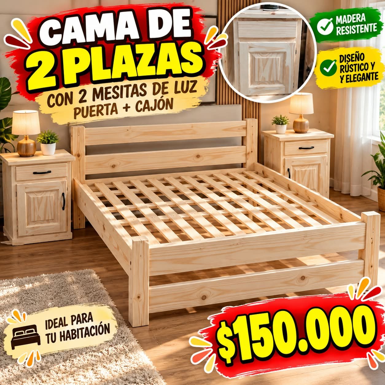 cama2plazas Cama de 2 plazas con 2 mesitas de luz - Imagen 1