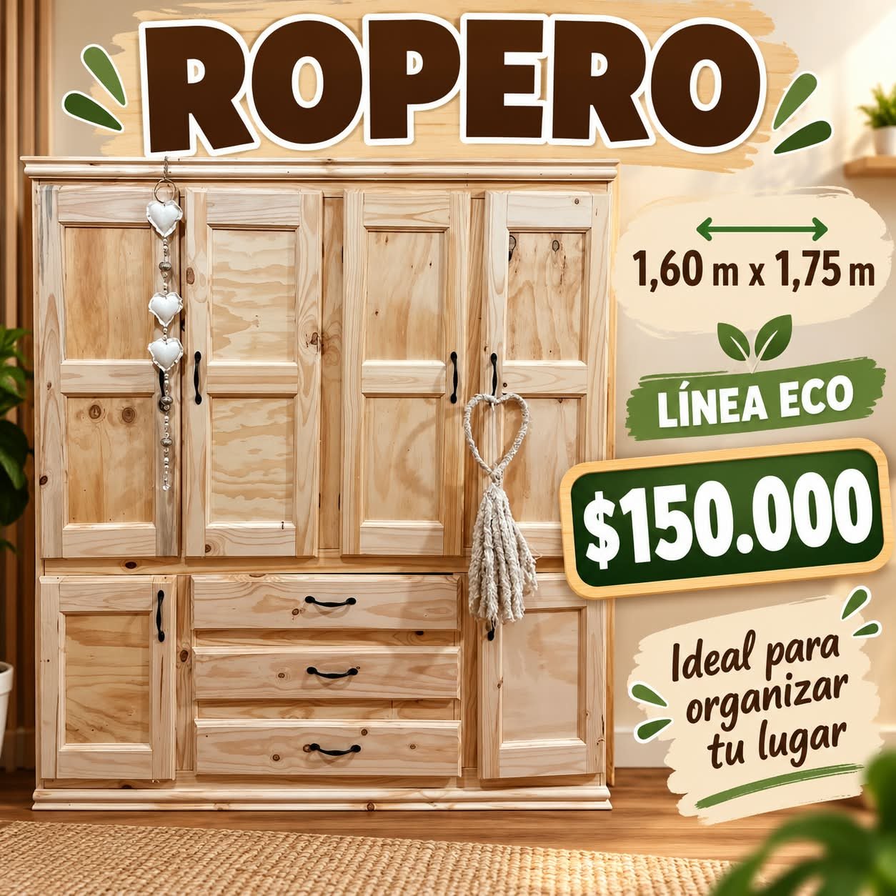 ropero Ropero Línea Eco de Madera Natural 1,60 m - Imagen 1